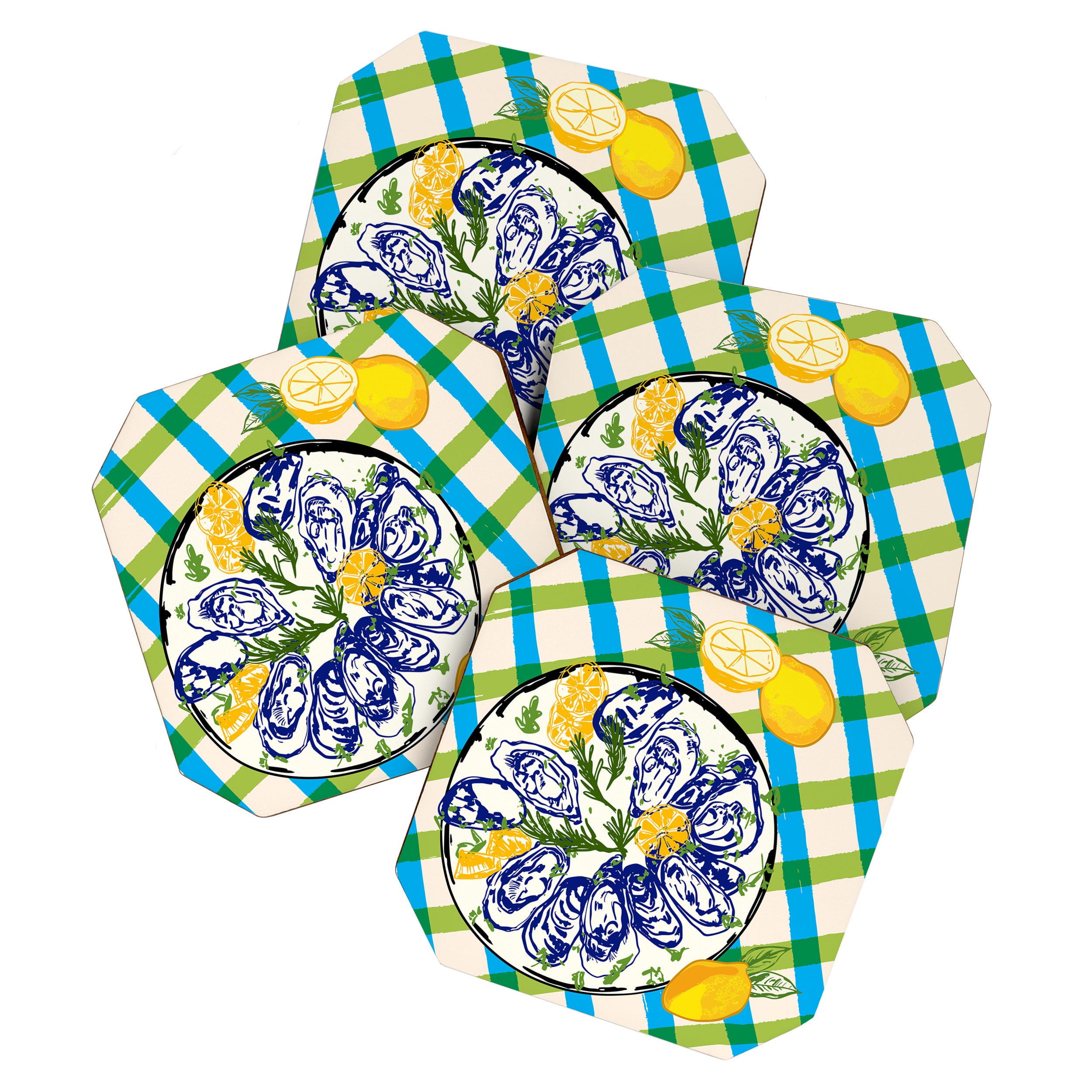 Oysters on Plate with Lemon - Coastal Checkered Coaster Gallery Image 1
