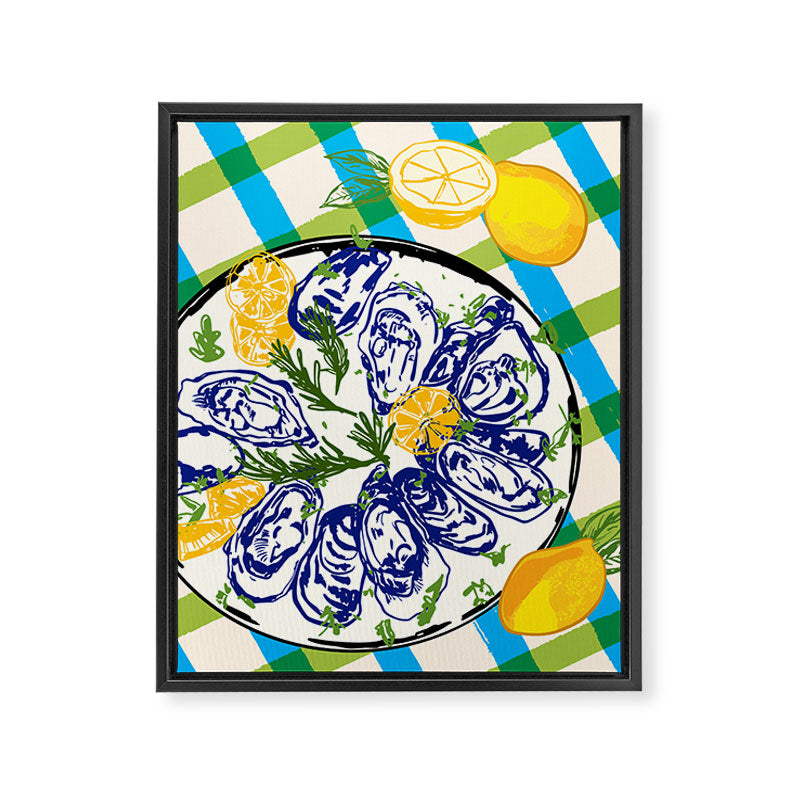 Oysters on Plate with Lemon - Coastal Checkered Framed Canvas Print Gallery Image 8