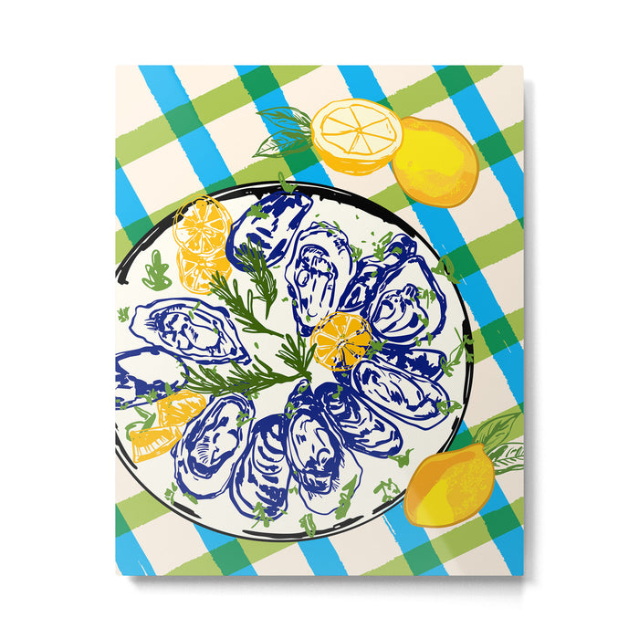 Oysters on Plate with Lemon - Coastal Checkered Metal Print Gallery Image 1