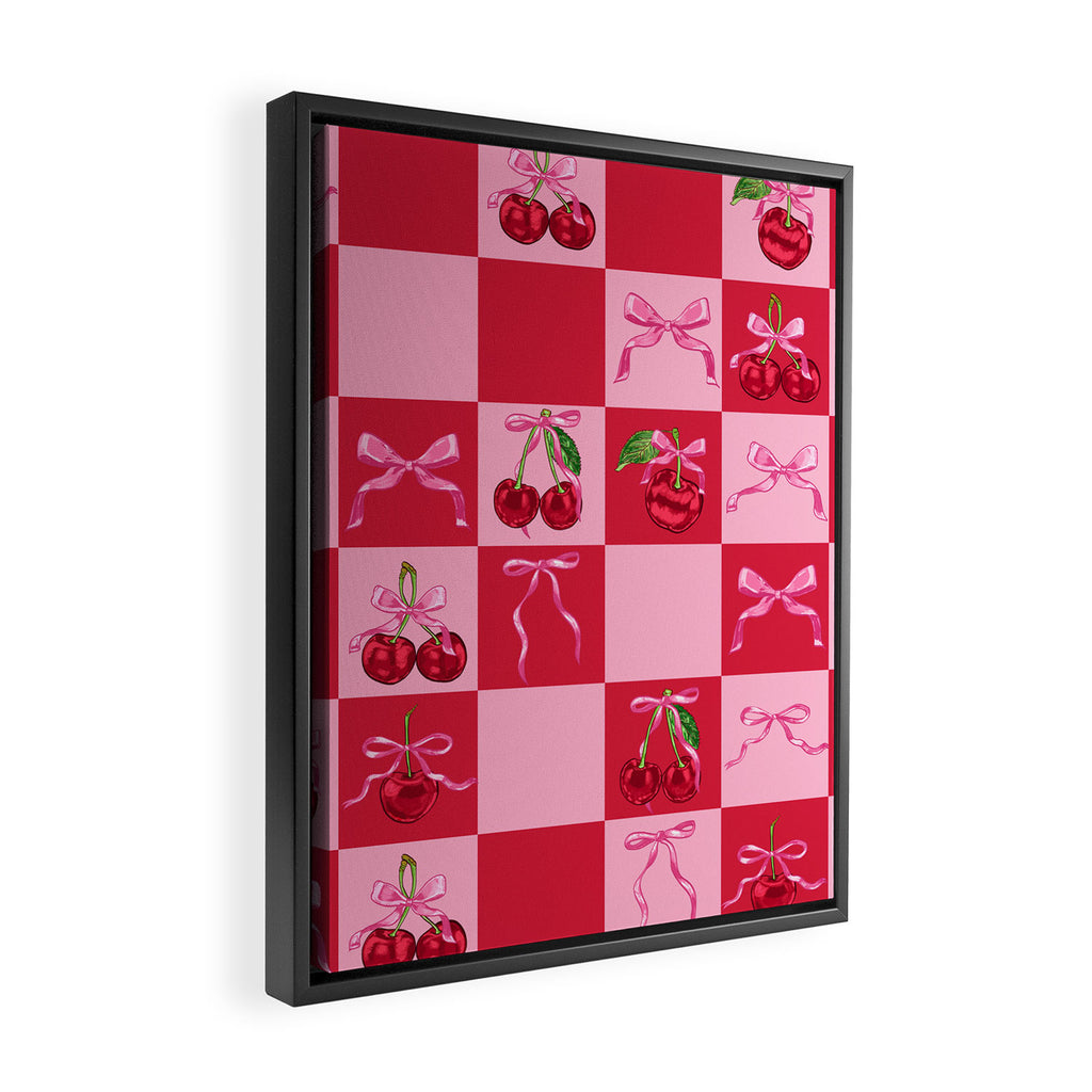 Scarlet Cherries and Bows Checker Framed Canvas Print Gallery Image 2