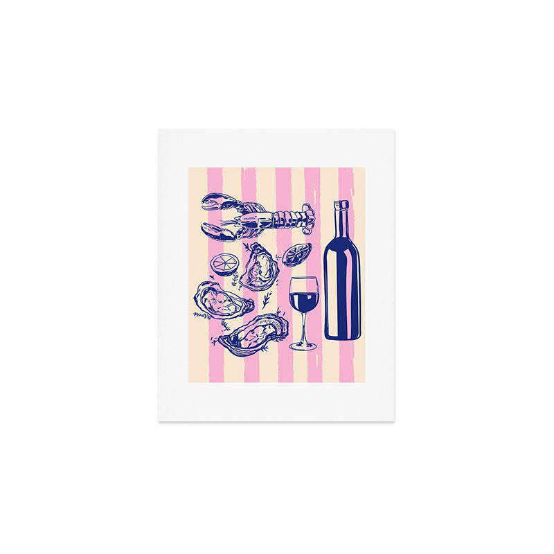 Seafood and Wine - Retro Pink Stripes Illustration Art Print Gallery Image 1