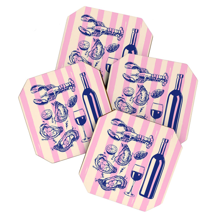 Seafood and Wine - Retro Pink Stripes Illustration Coaster Gallery Image 1
