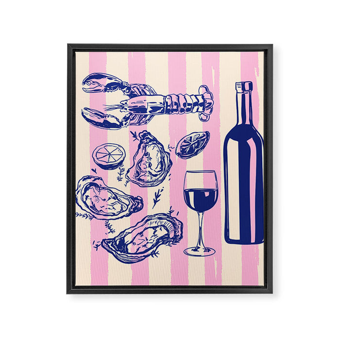 Seafood and Wine - Retro Pink Stripes Illustration Framed Canvas Print Gallery Image 1