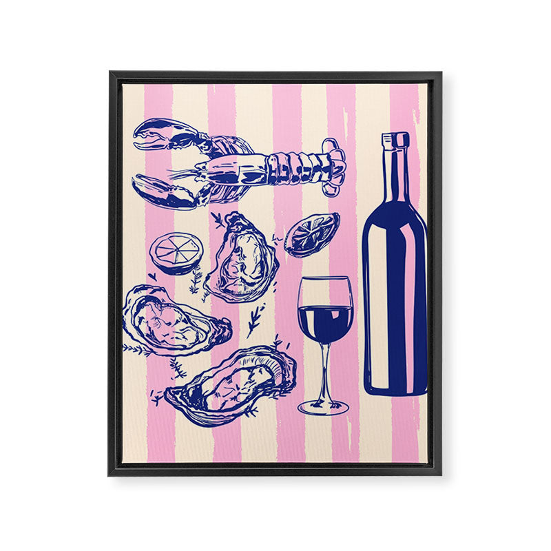 Seafood and Wine - Retro Pink Stripes Illustration Framed Canvas Print Gallery Image 8