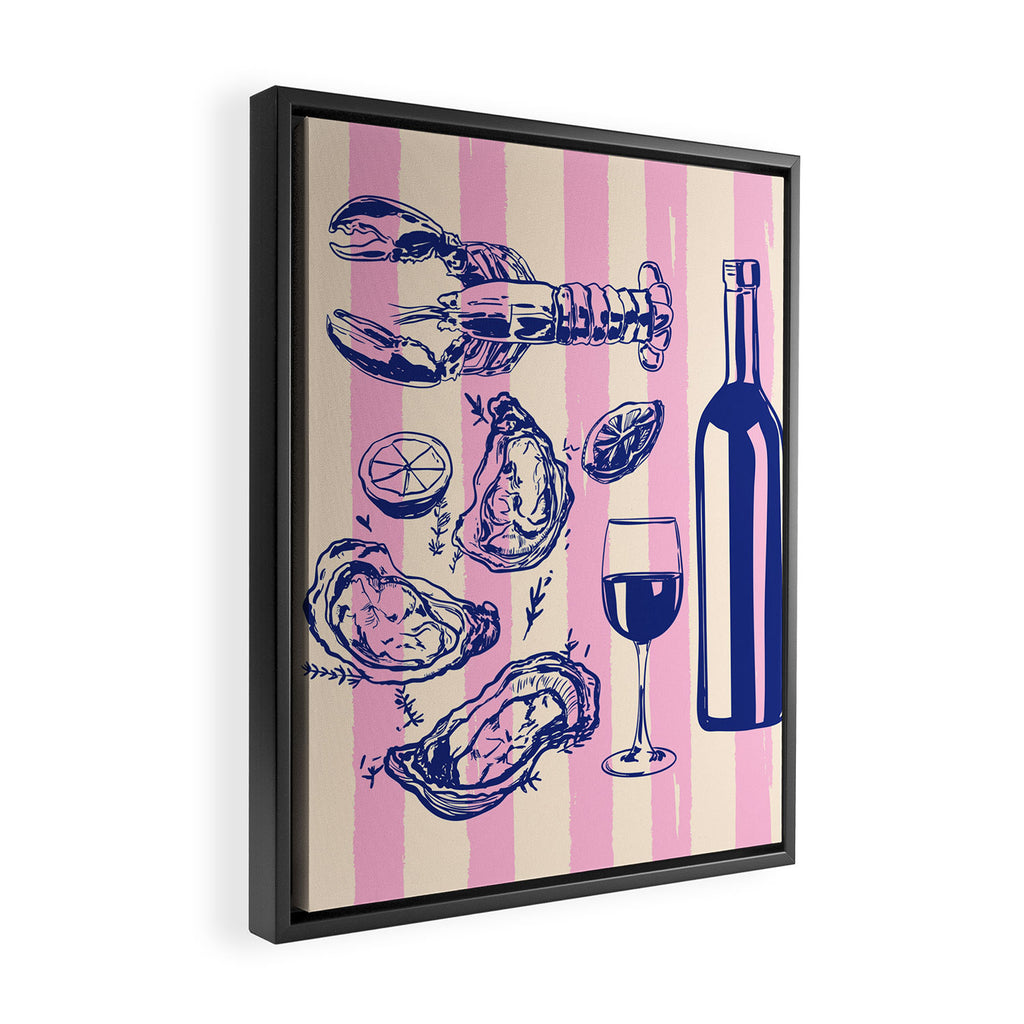 Seafood and Wine - Retro Pink Stripes Illustration Framed Canvas Print Gallery Image 2