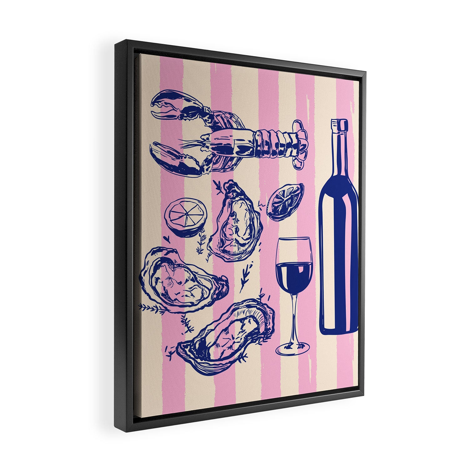 Seafood and Wine - Retro Pink Stripes Illustration Framed Canvas Print Gallery Image 2