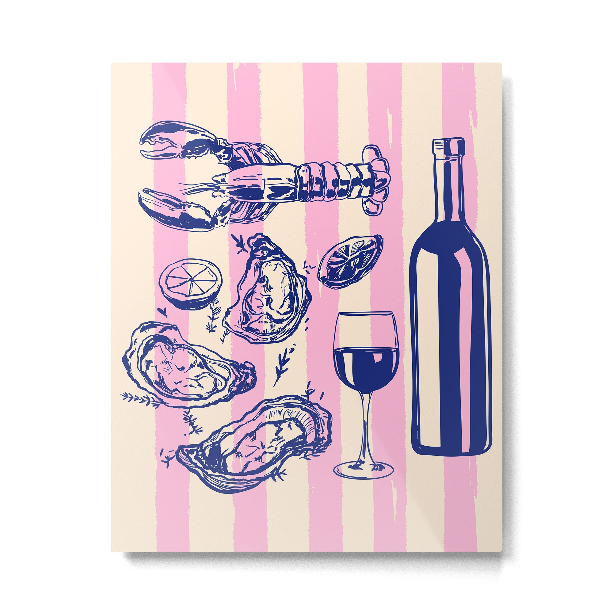 Seafood and Wine - Retro Pink Stripes Illustration Metal Print Gallery Image 6