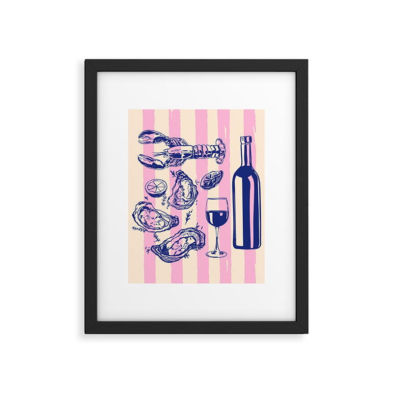 Seafood and Wine - Retro Pink Stripes Illustration Framed Art Print Gallery Image 6