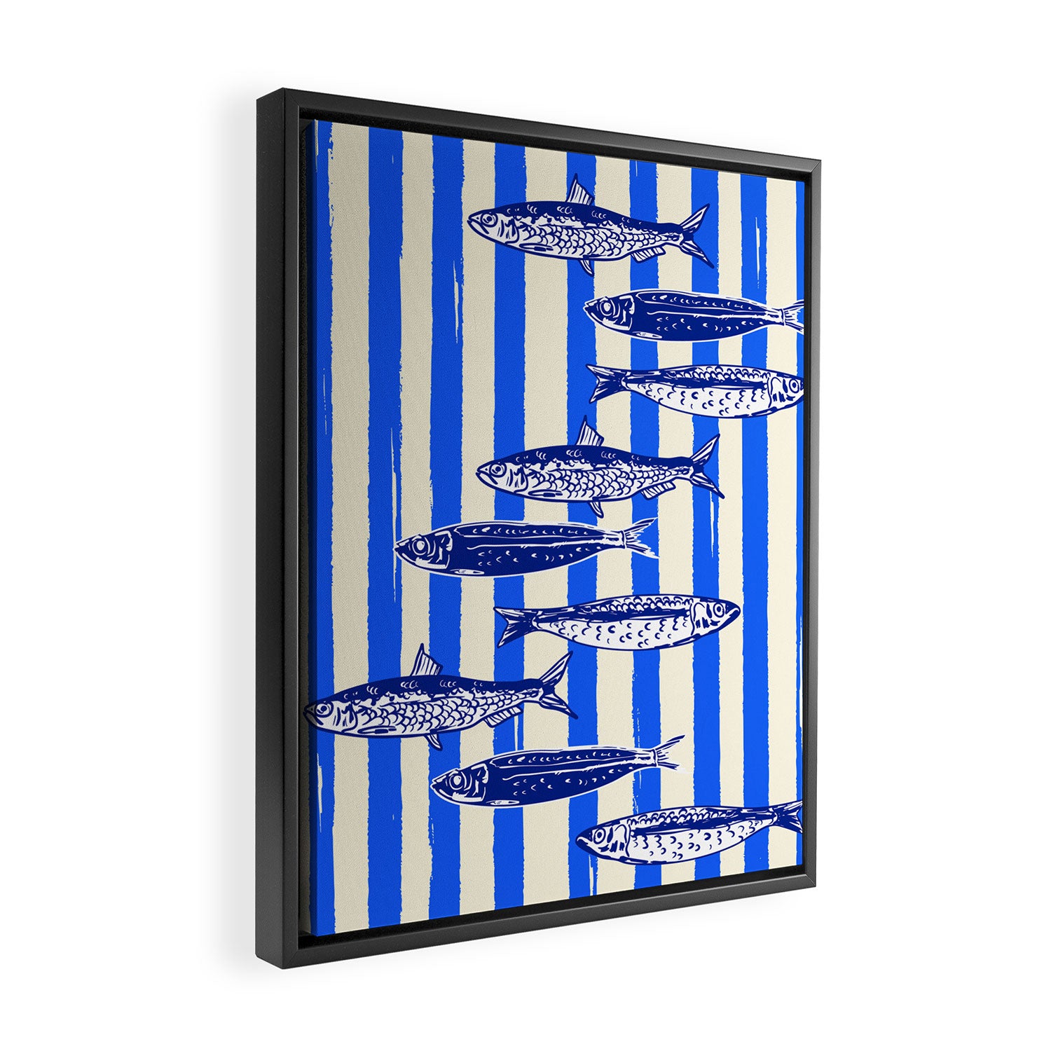 Swimming Sardines - Blue Striped Coastal Art Framed Canvas Print Gallery Image 2