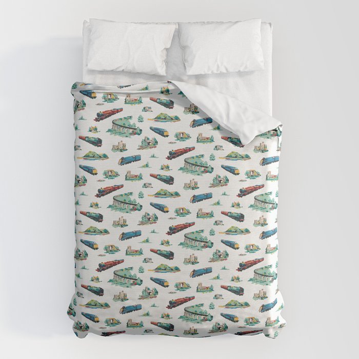 Busy Locomotives - Retro Children's Train Print Duvet Cover Gallery Image 1