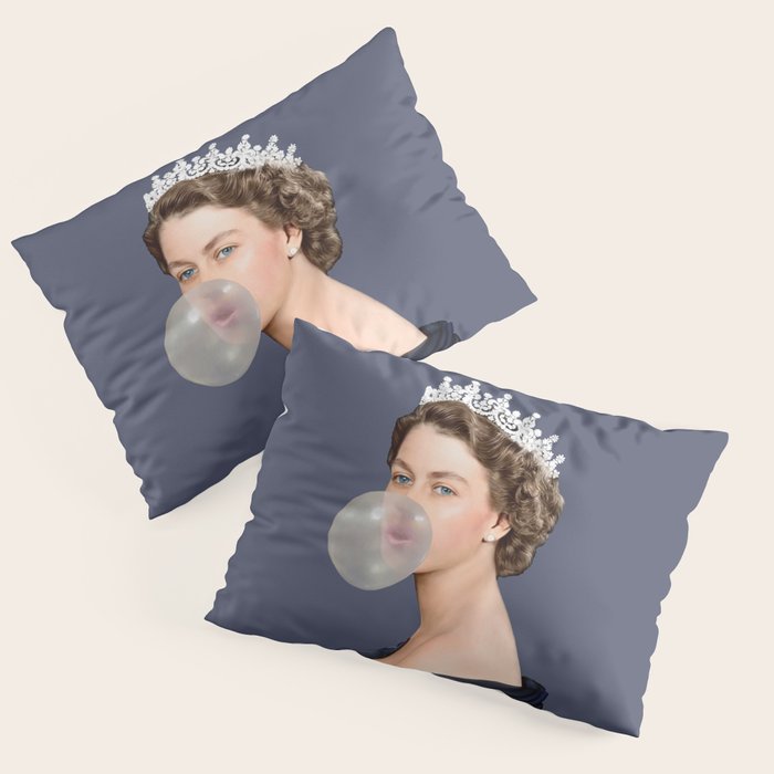 Queen Elizabeth in blue satin blowing a bubble gum Pillow Sham Gallery Image 1