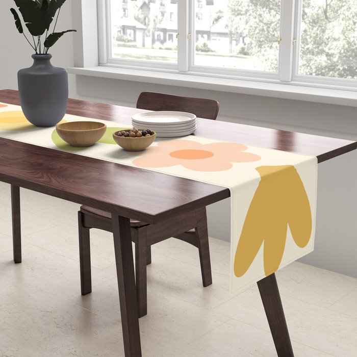 Scandi Floral Grid Retro Flower Pattern in Green Blush Yellow Cream Table Runner Gallery Image 2