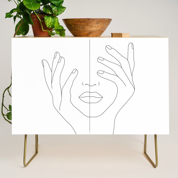 Minimal Line Art Woman with Hands on Face Credenza Gallery Image 1