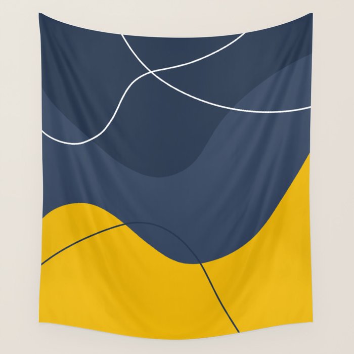 Abstract Organic Shapes Navy Blue and Yellow Wall Tapestry Gallery Image 4