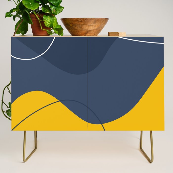 Abstract Organic Shapes Navy Blue and Yellow Credenza Gallery Image 1