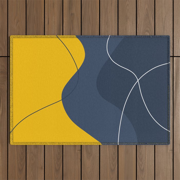 Abstract Organic Shapes Navy Blue and Yellow Outdoor Rug Gallery Image 1