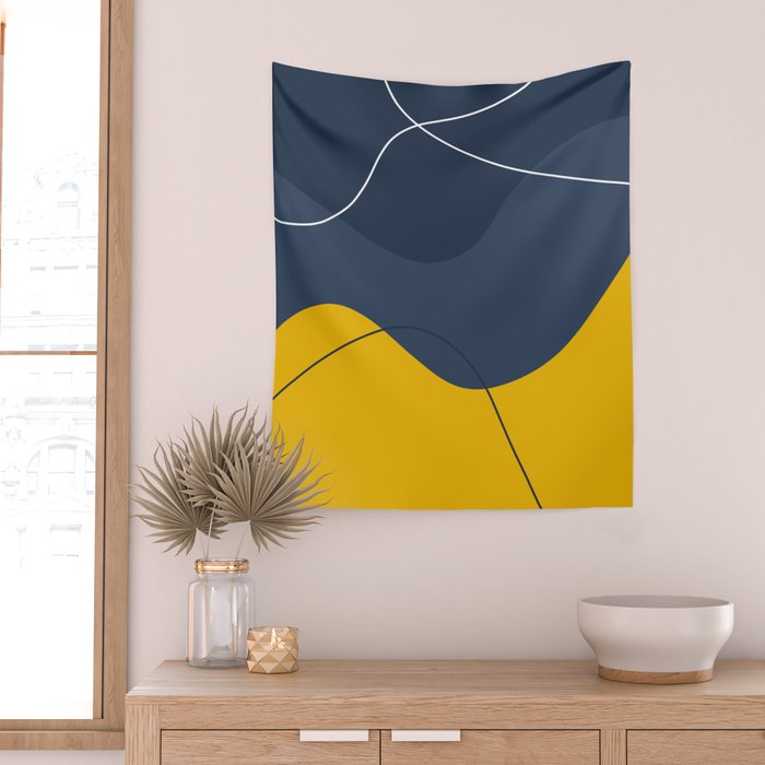 Abstract Organic Shapes Navy Blue and Yellow Wall Tapestry Gallery Image 2