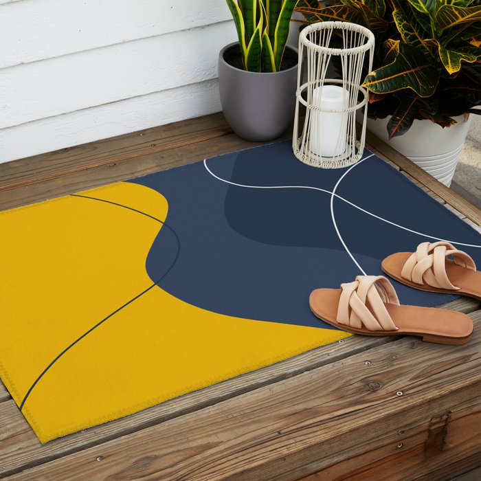 Abstract Organic Shapes Navy Blue and Yellow Outdoor Rug Gallery Image 2