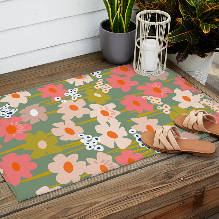 Retro flower pattern 3 Outdoor Rug Gallery Image 2