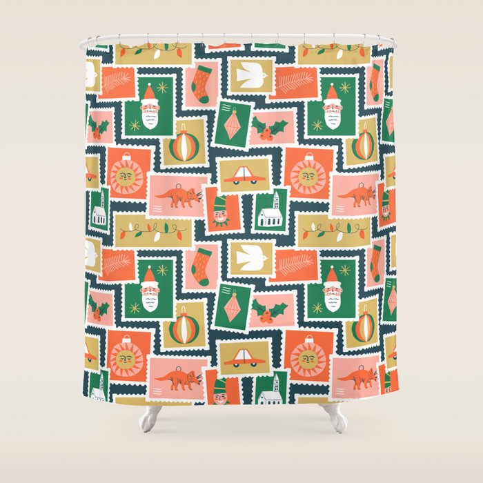 Vintage christmas postage stamp sticker pattern Shower Curtain Gallery Image 1