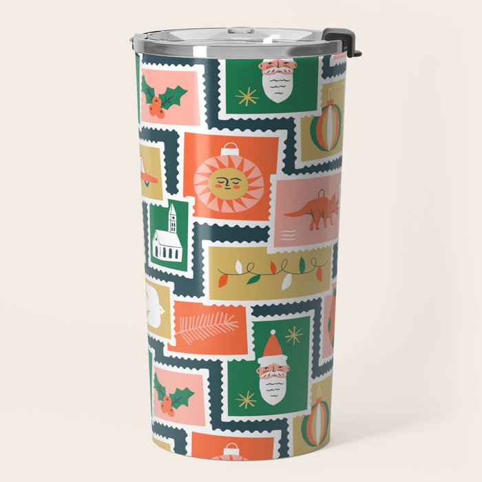 Vintage christmas postage stamp sticker pattern Travel Mug Gallery Image 2