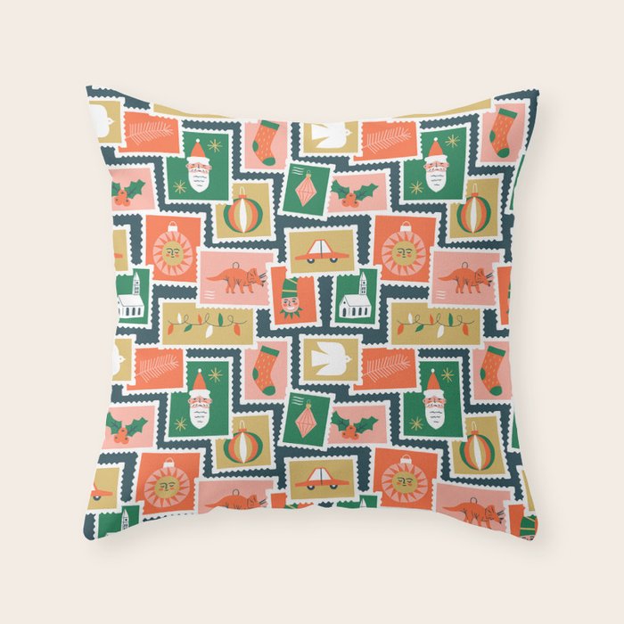 Vintage christmas postage stamp sticker pattern Throw Pillow Gallery Image 6