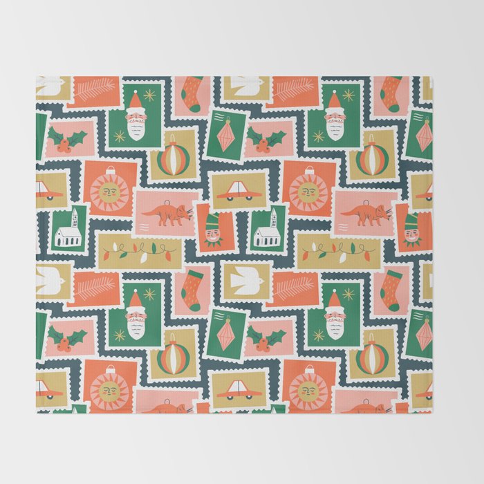 Vintage christmas postage stamp sticker pattern Throw Blanket Gallery Image 2