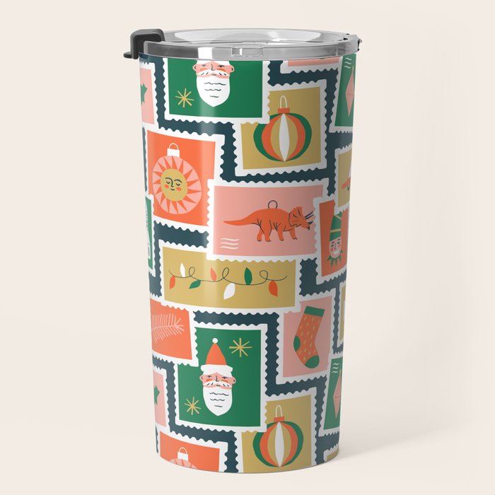 Vintage christmas postage stamp sticker pattern Travel Mug Gallery Image 3