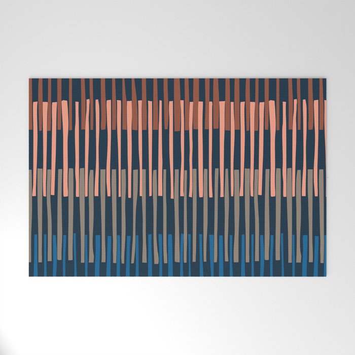 Block print geometrics stripes nocturnal blue Welcome Mat Gallery Image 1