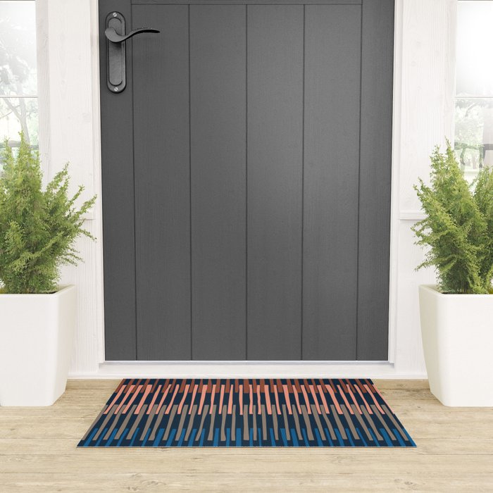 Block print geometrics stripes nocturnal blue Welcome Mat Gallery Image 3