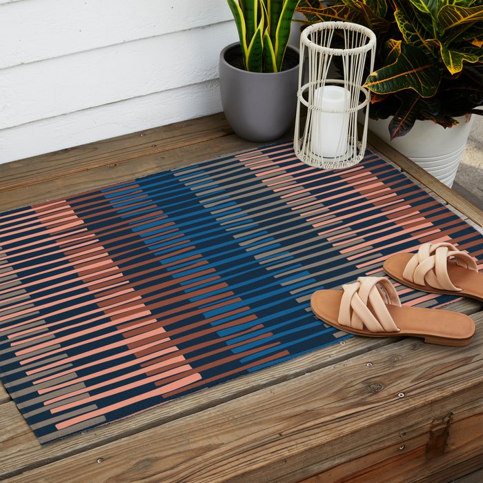 Block print geometrics stripes nocturnal blue Outdoor Rug Gallery Image 2