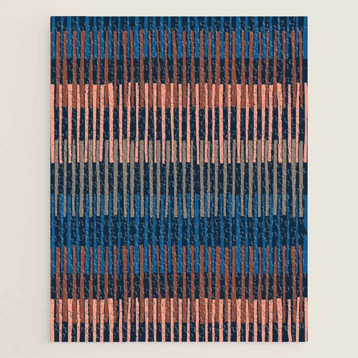Block print geometrics stripes nocturnal blue Jigsaw Puzzle Gallery Image 1