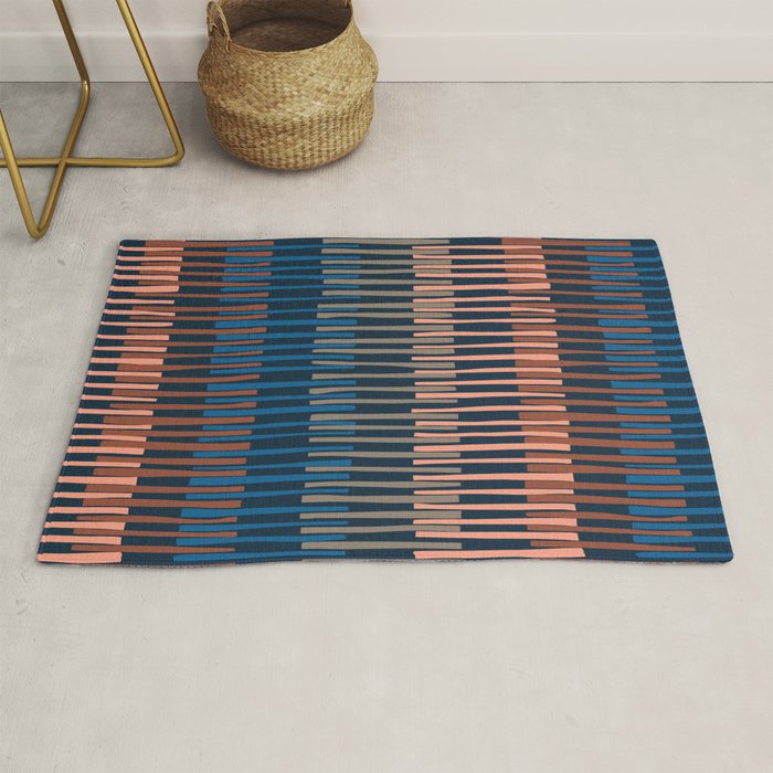 Block print geometrics stripes nocturnal blue Rug Gallery Image 1