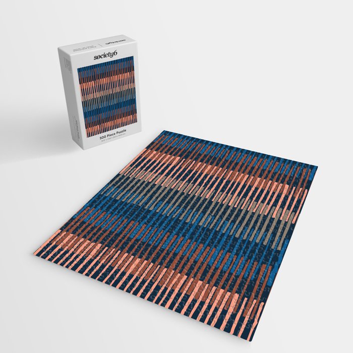 Block print geometrics stripes nocturnal blue Jigsaw Puzzle Gallery Image 2