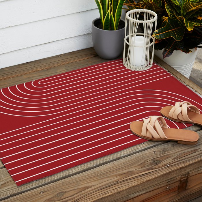 Minimal Line Curvature LXXX Ruby Red Mid Century Modern Arch Abstract Outdoor Rug Gallery Image 2