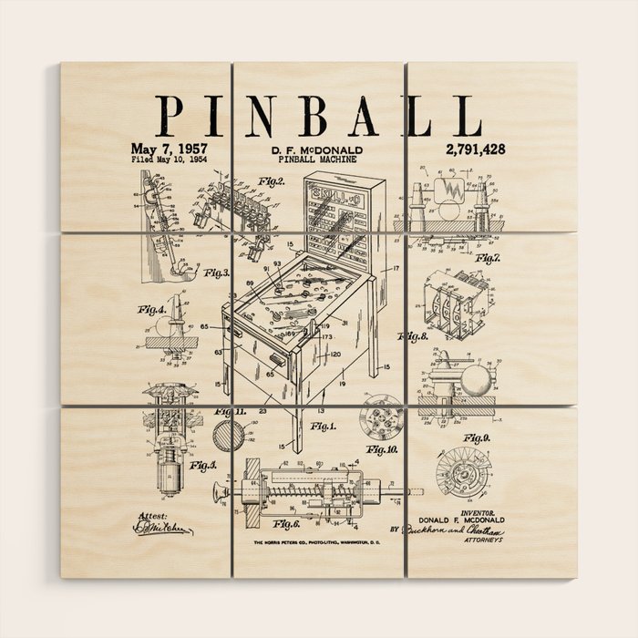 Pinball Arcade Gaming Machine Vintage Gamer Patent Print Wood Wall Art Gallery Image 1