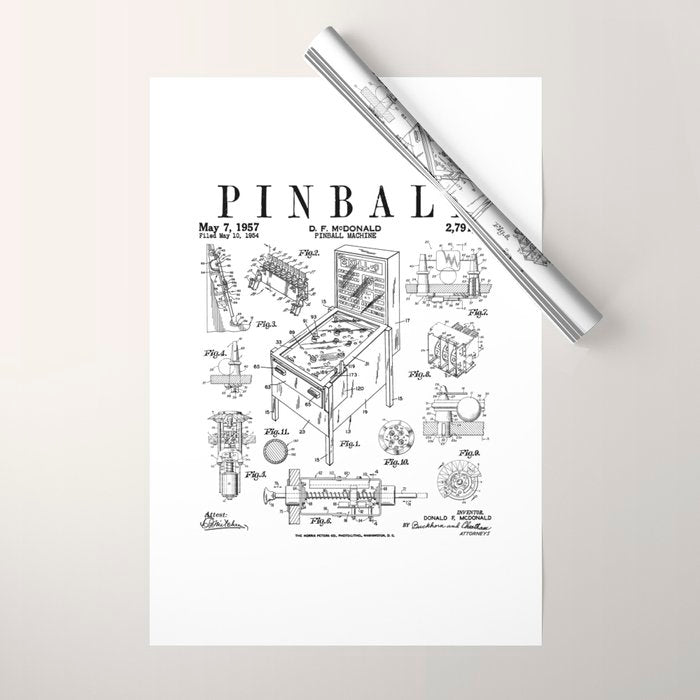 Pinball Arcade Gaming Machine Vintage Gamer Patent Print Wrapping Paper Gallery Image 1