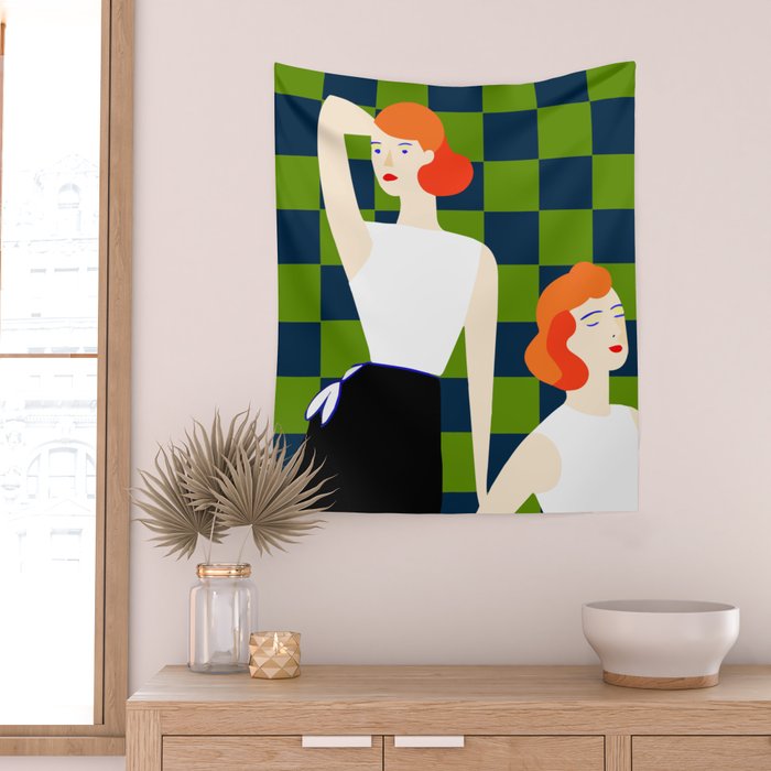 Moods, Checkers Girl Friends Chic Chess, Modern Bohemian Eclectic Woman Girl Boss, BFF Fashion Style Wall Tapestry Gallery Image 2