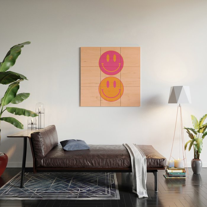 Retro Groovy Smiley Face Poster - Pink and Orange 90s Vibes Wood Wall Art Gallery Image 2