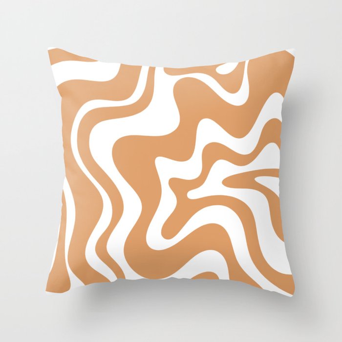 Liquid Swirl Retro Modern Abstract Pattern in Caramel Ochre and White Throw Pillow Gallery Image 1
