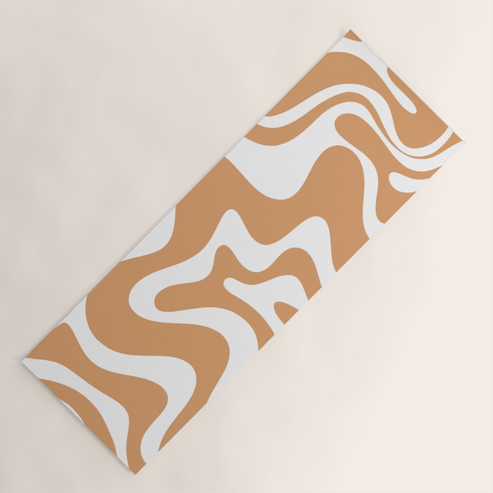 Liquid Swirl Retro Modern Abstract Pattern in Caramel Ochre and White Yoga Mat Gallery Image 1