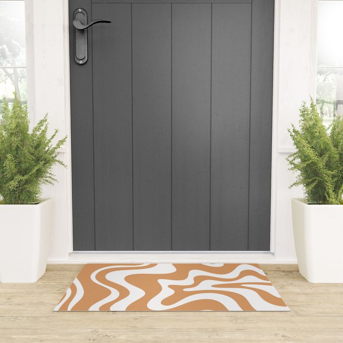 Liquid Swirl Retro Modern Abstract Pattern in Caramel Ochre and White Welcome Mat Gallery Image 3