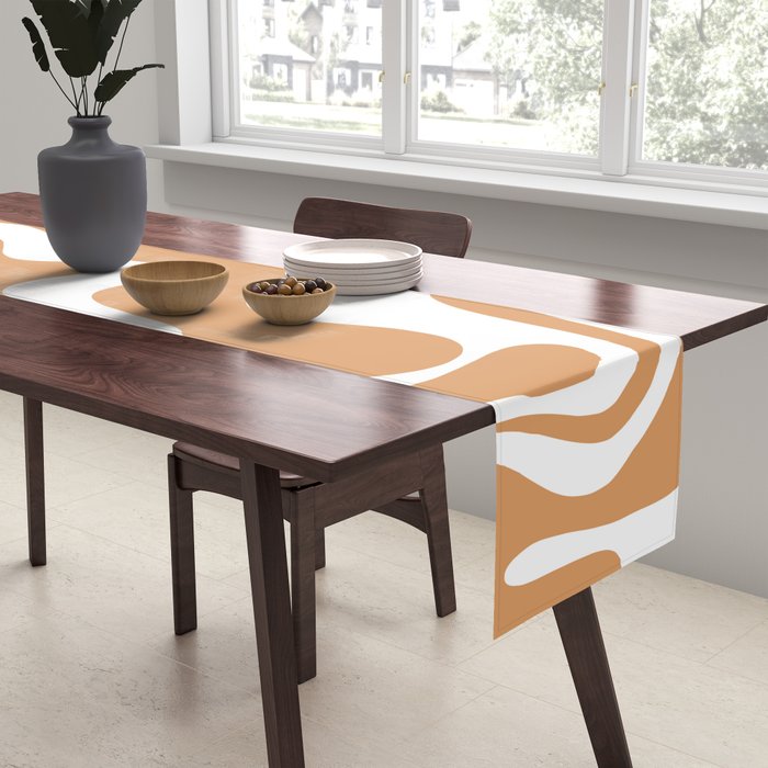 Liquid Swirl Retro Modern Abstract Pattern in Caramel Ochre and White Table Runner Gallery Image 2