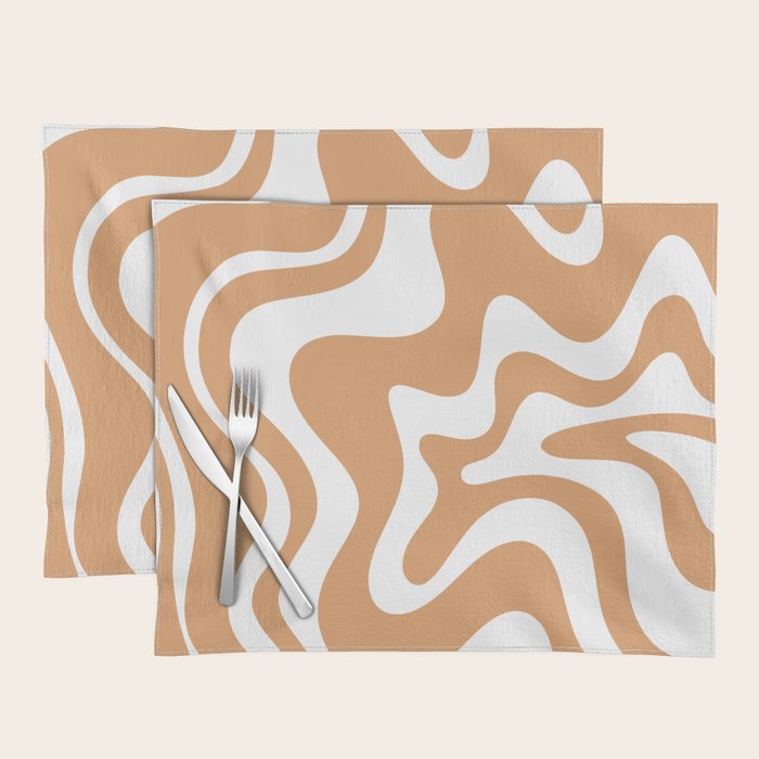 Liquid Swirl Retro Modern Abstract Pattern in Caramel Ochre and White Placemat Gallery Image 1