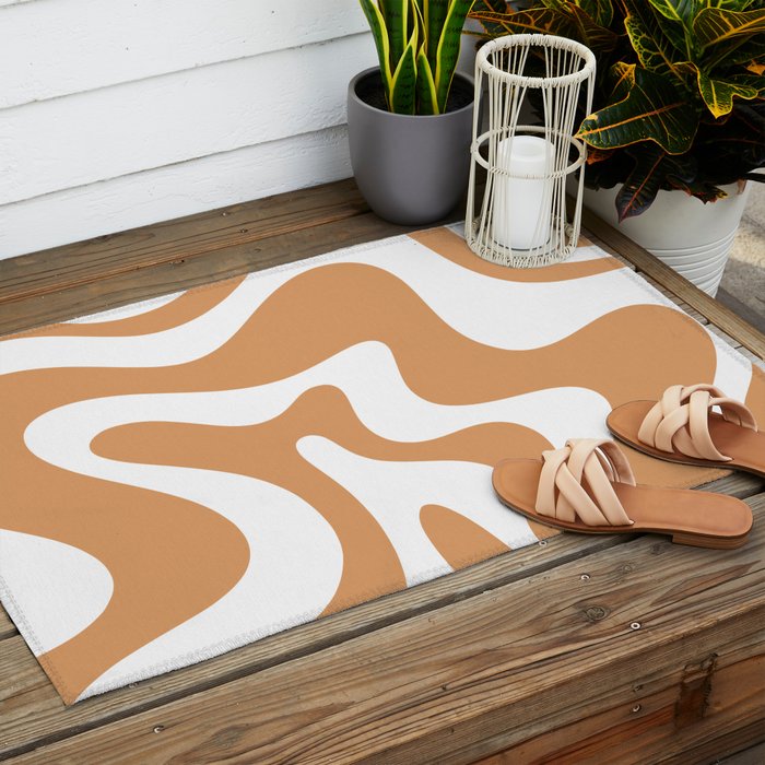 Liquid Swirl Retro Modern Abstract Pattern in Caramel Ochre and White Outdoor Rug Gallery Image 2