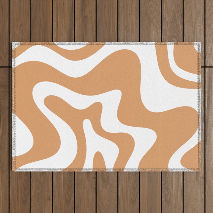 Liquid Swirl Retro Modern Abstract Pattern in Caramel Ochre and White Outdoor Rug Gallery Image 1