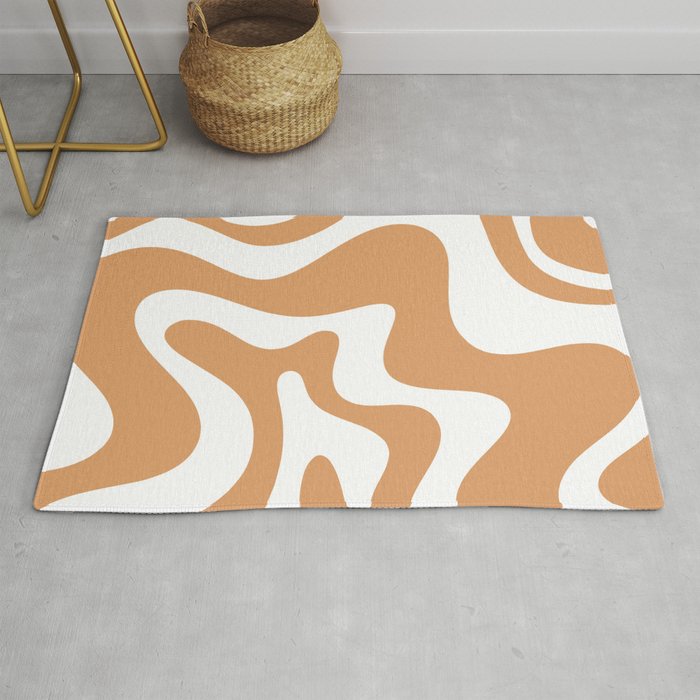 Liquid Swirl Retro Modern Abstract Pattern in Caramel Ochre and White Rug Gallery Image 1
