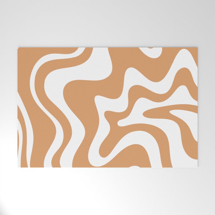 Liquid Swirl Retro Modern Abstract Pattern in Caramel Ochre and White Welcome Mat Gallery Image 1