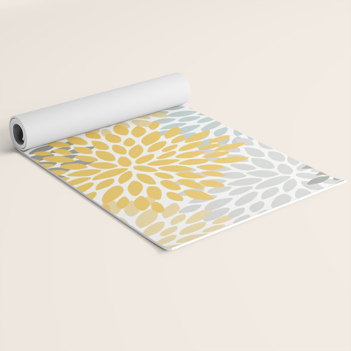 Floral Pattern, Yellow, Pale, Aqua and Gray Yoga Mat Gallery Image 2