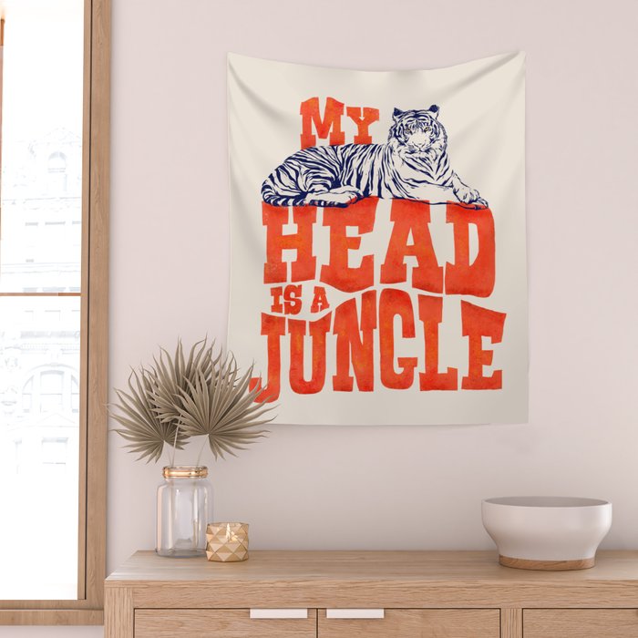 My Head is a Jungle-Tiger typography Wall Tapestry Gallery Image 2